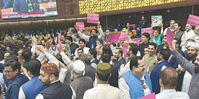 PTI Protests Loudly as Budget Presented in the Senate